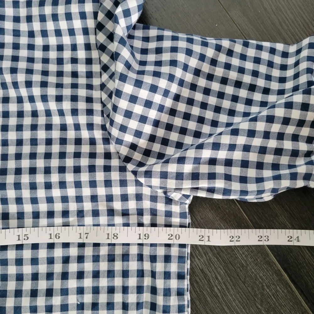 JENNIFER AND GRACE Blue Gingham Blouse Sz M Bell Sleeves Boho Cotton Blend - Picture 7 of 8